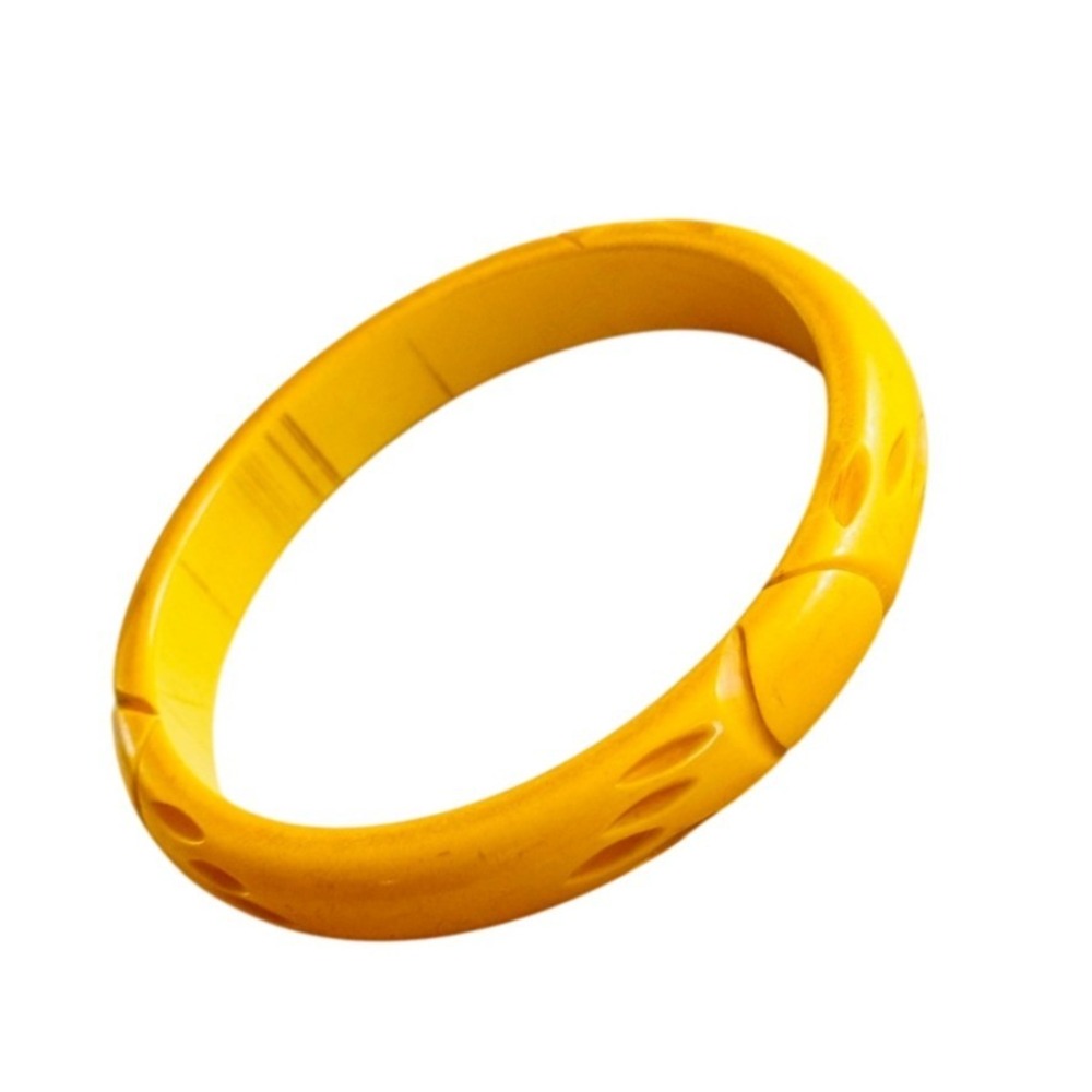 VTG Carved Yellow Egg Yolk Bakelite Bangle Bracelet Tested Art Deco Original 17g